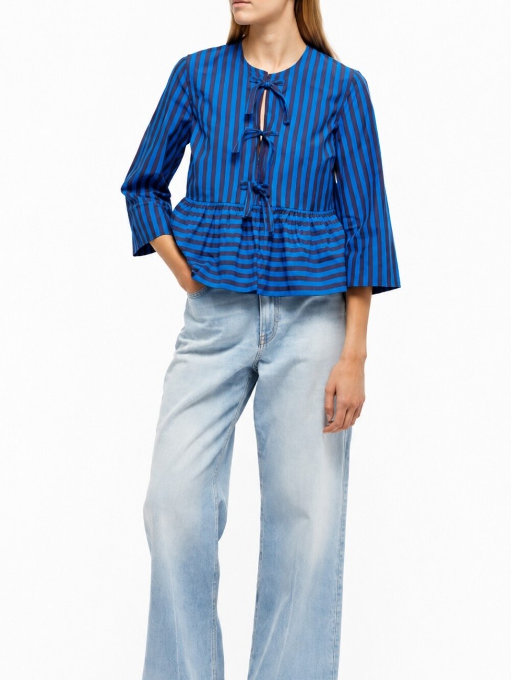 Ganni Blue and Black Striped Tie-Front Peplum Top